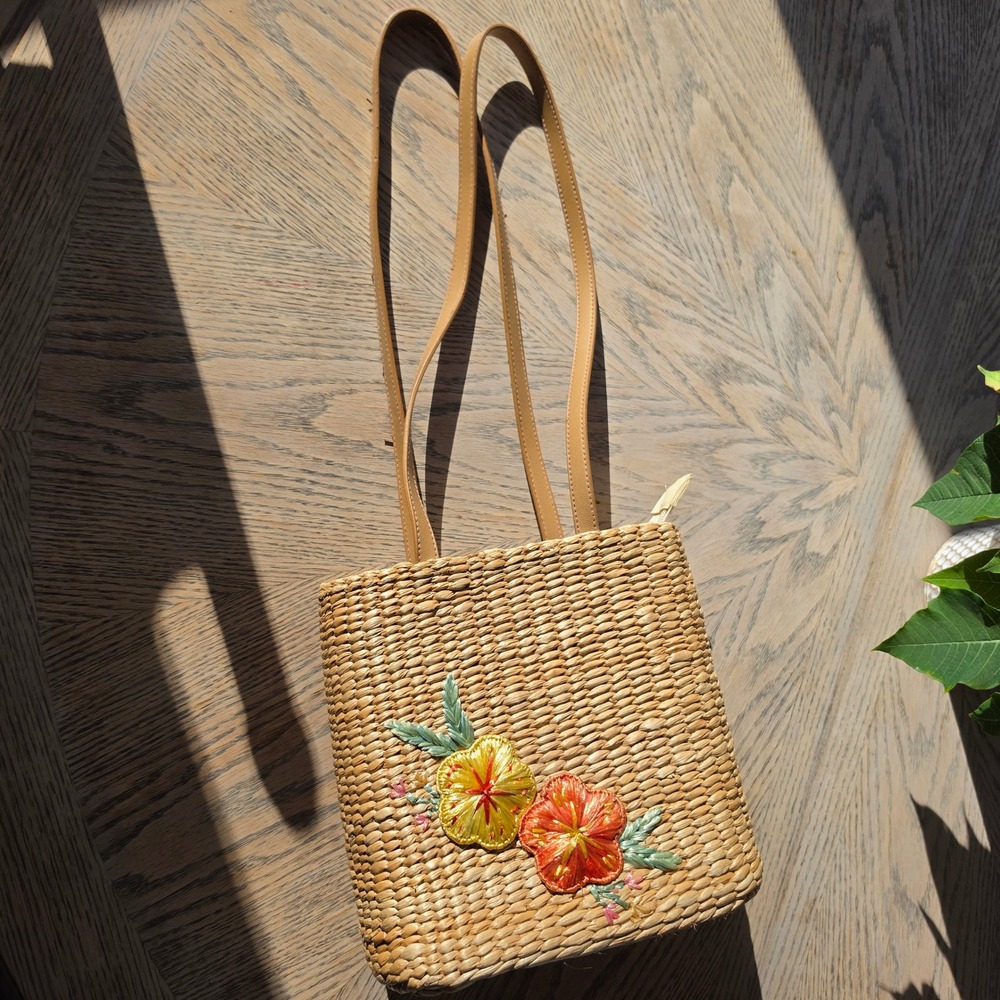 Cappelli Straworld Straw Tote Bag Womens Tan Boho Cottagecore Floral Embroidered - Picture 2 of 8